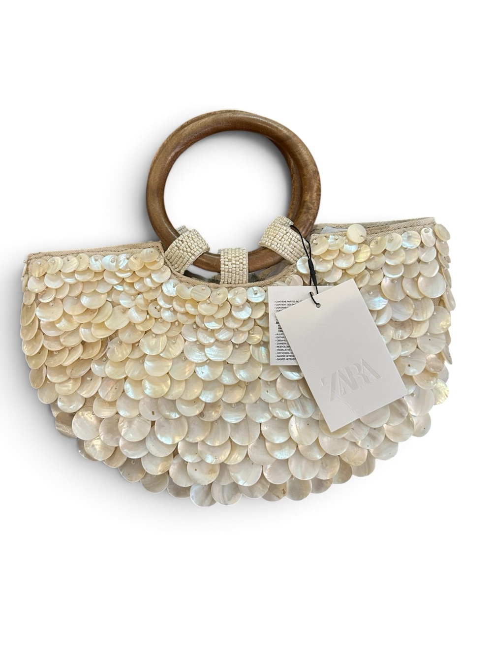 ZARA NWT Mother of Pearl Sequin Shell Clutch with Wooden Ring